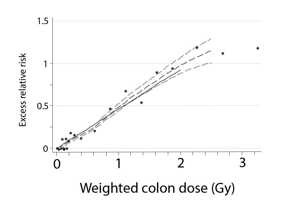 Graph of excess relative risk to exposure dose