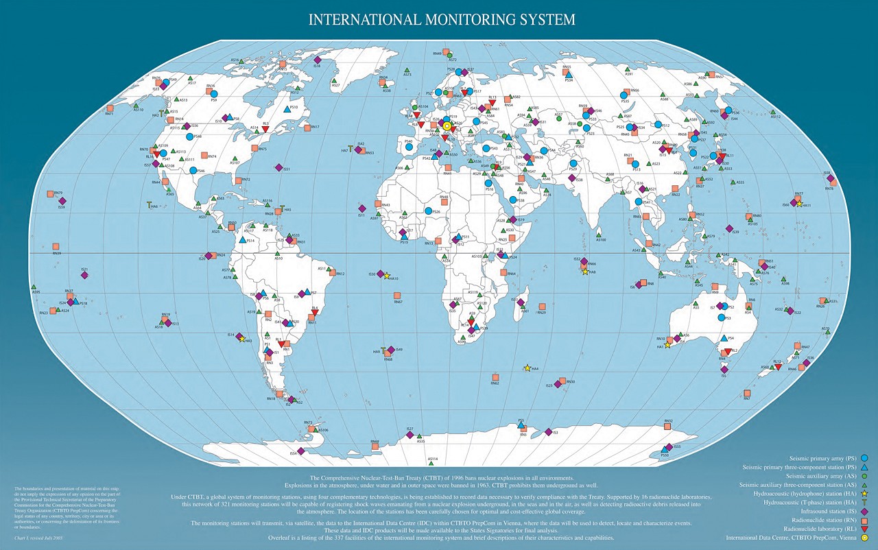 Distribution around the world of the four different types of nuclear testing monitoring stations: seismic, hydroacoustic, infrasound and radionuclide stations. Nuclear testing monitoring sites
