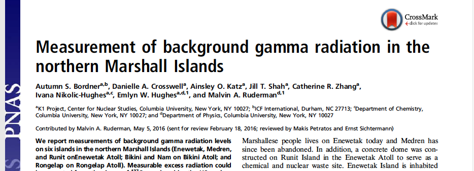 2016 publication in PNAS. Radiological results from the 2015 K1 Project research trip to the Marshall Islands. PNAS K=1 Project paper