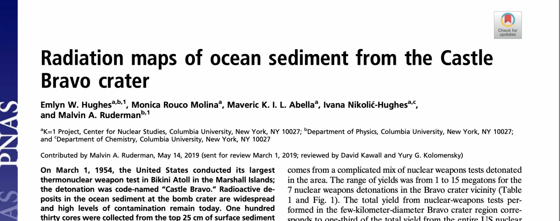 2019 publication in PNAS with measurements of ocean sediment from the Castle Bravo crater on the K=1 Project's 2018 trip