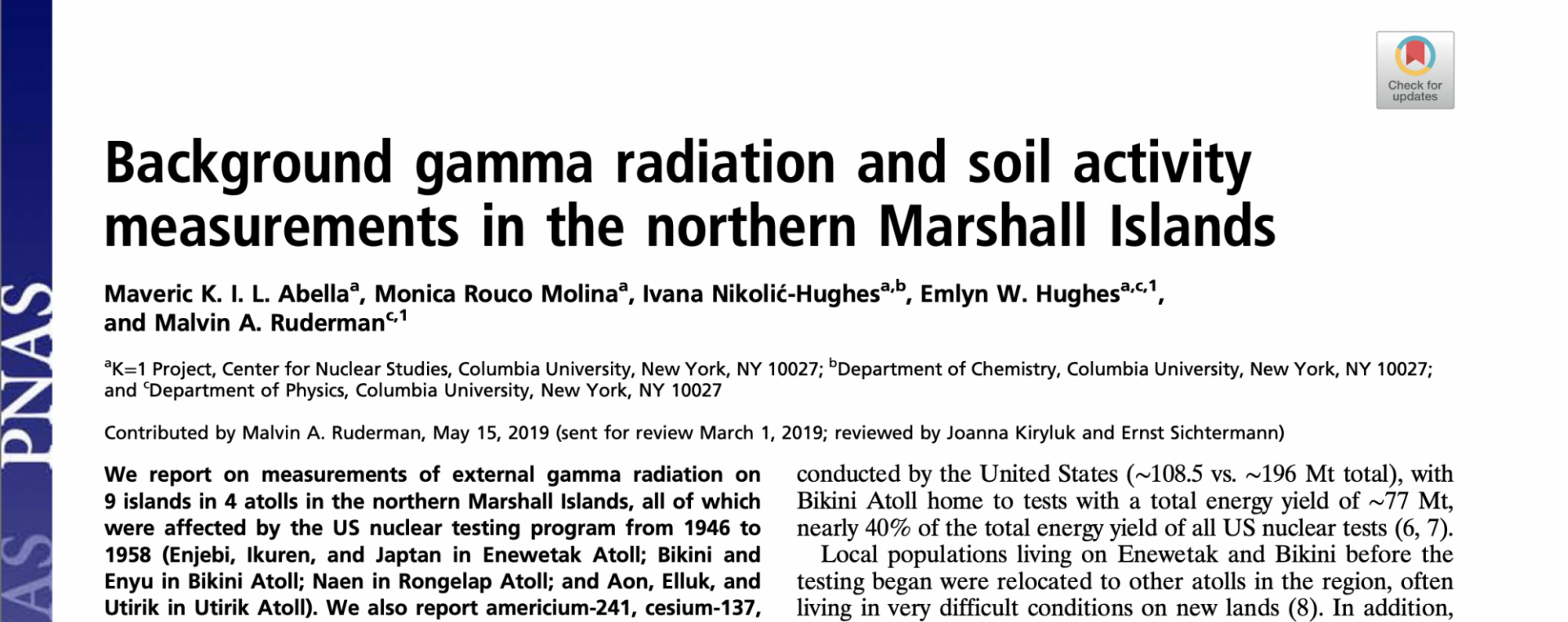 2019 publication in PNAS with measurements of background gamma radiation and soil activity taken on the K=1 Project's 2018 trip