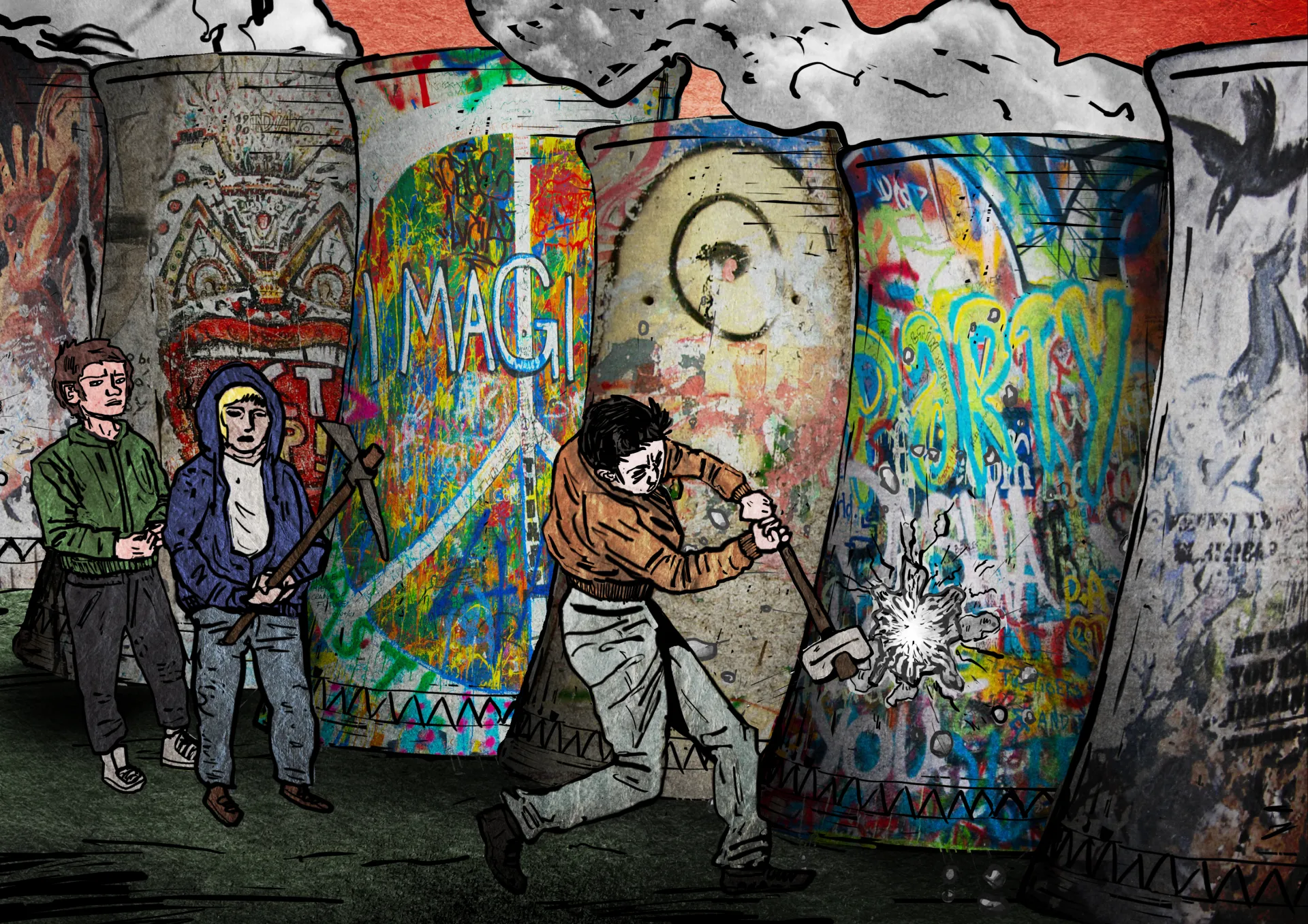 German man tries to smash "Berlin wall" of nuclear cooling towers.