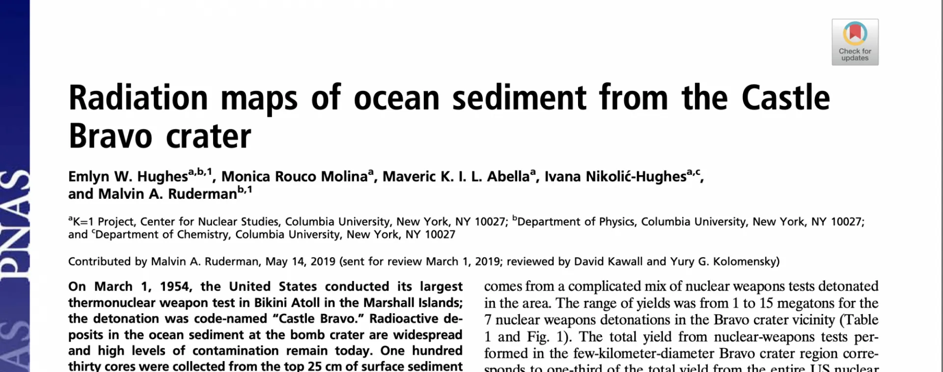 2019 publication in PNAS with measurements of ocean sediment from the Castle Bravo crater on the K=1 Project's 2018 trip